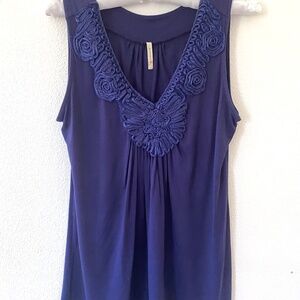 Olivia Moon Navy Blue Tank Top, Soft Fabric, Soutache Lace Trim, Size Medium